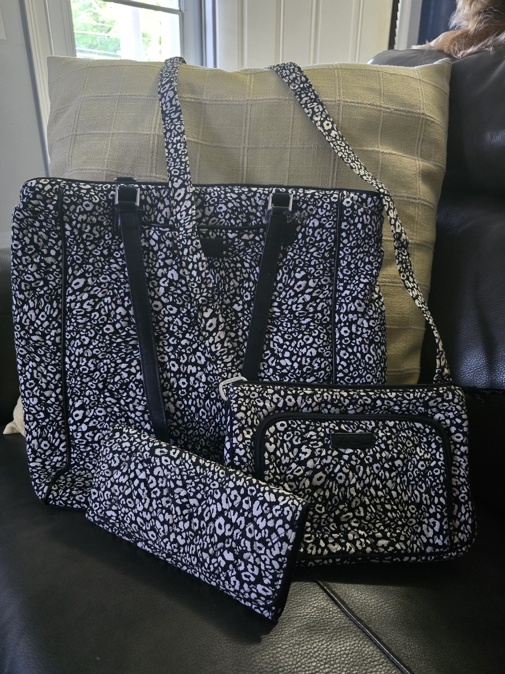 Vera Bradley Black and White Leopard Quilted Tote with Matching Pouches Set